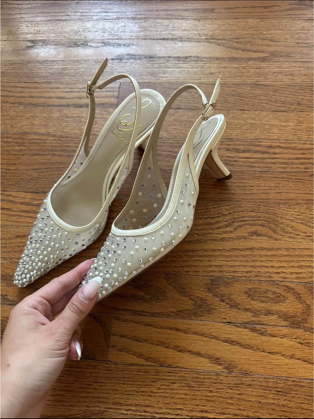 Embellished Ivory Slingback Heels - Pointed Toe